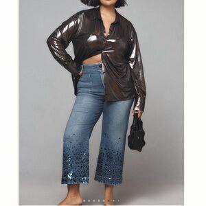 Anthropologie Maeve Colette Sequined Cropped High Rise Wide Leg Jeans Size 32T